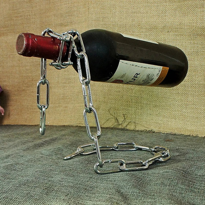 Stojak na wino łańcuchowy metalowy - retro design europejski widok główny - srebrny