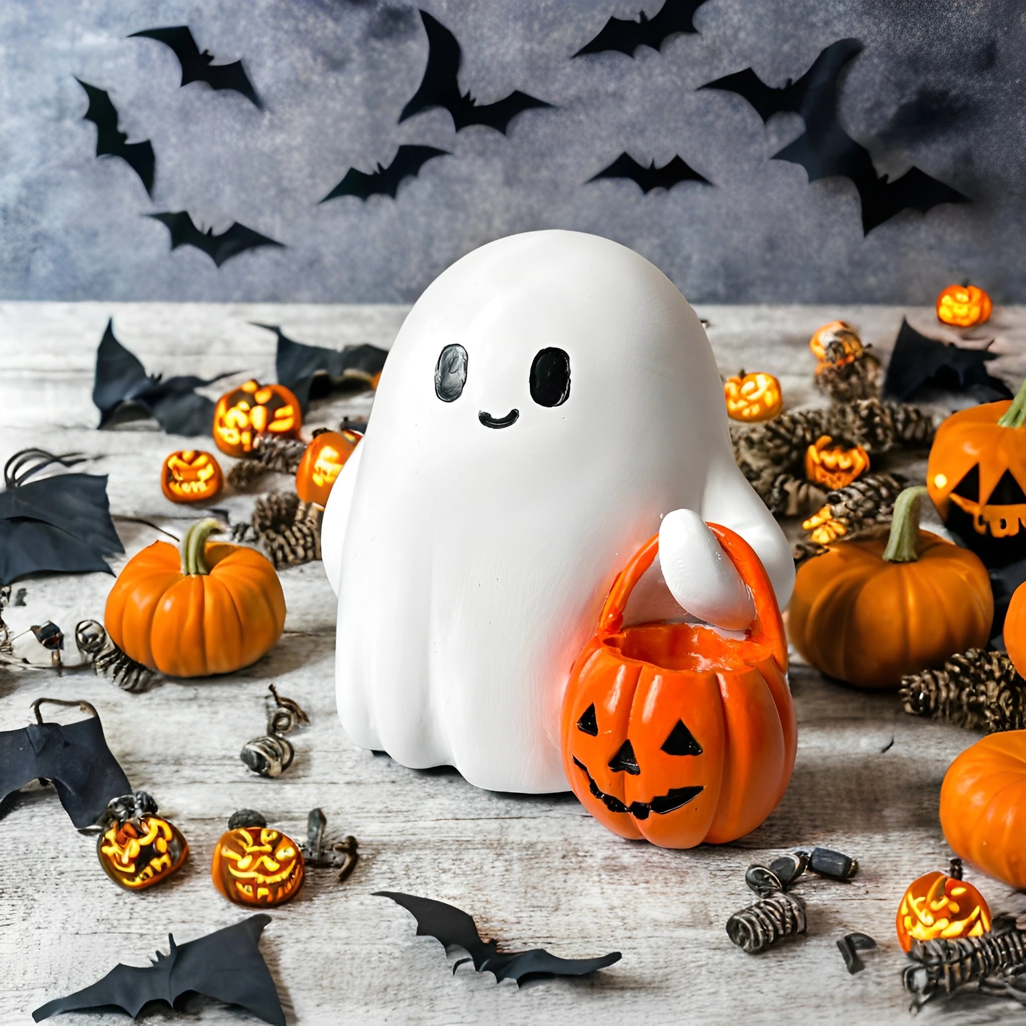 Figurka Halloween z żywicy - duch i dynia dekoracja widok główny