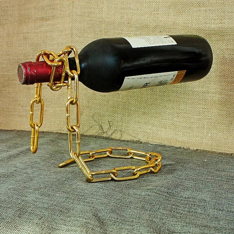 Stojak na wino łańcuchowy metalowy - retro design europejski widok główny - złoty