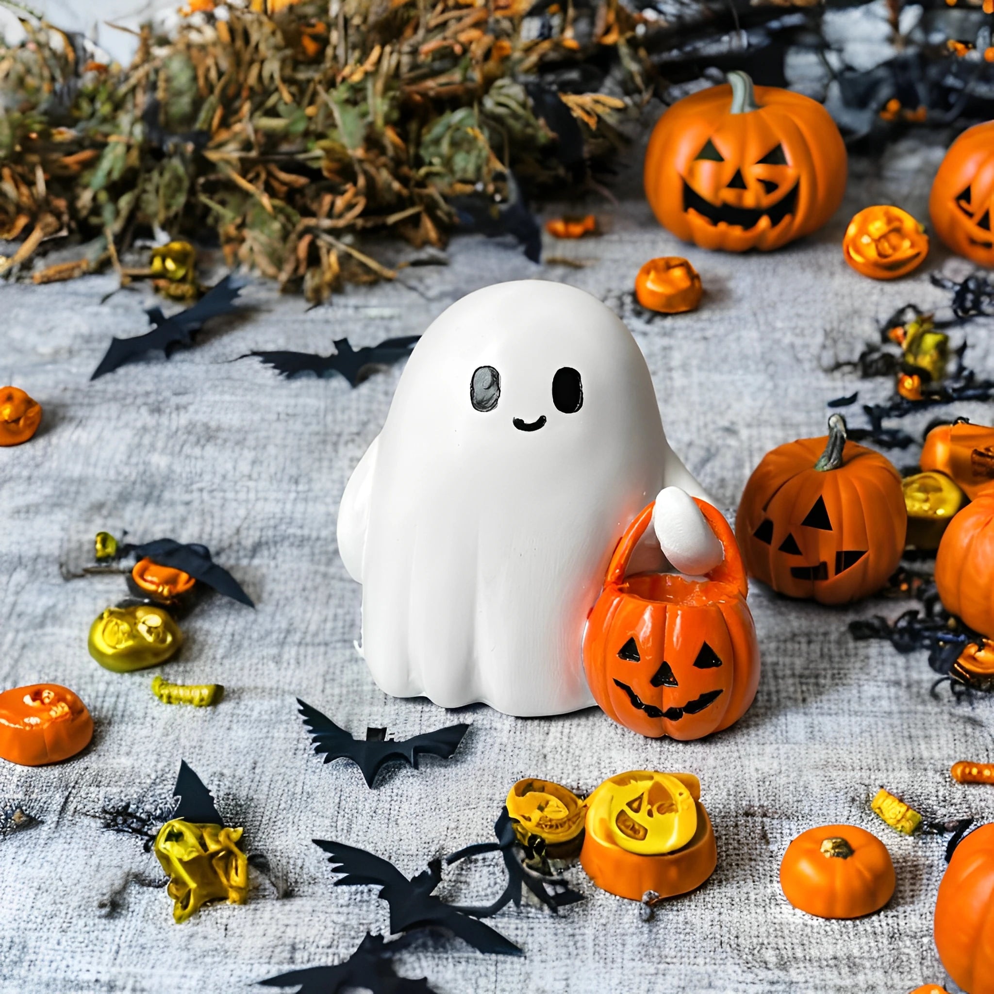 Figurka Halloween duch dynia - szczegóły wykonania z żywicy